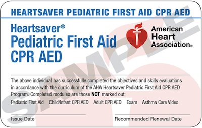 Heartsaver Pediatric First Aid CPR AED card sample