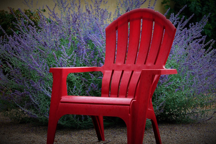 Save-A-Little-Life-outdoor-classes-amber-avalona-from-pixabay Shows a red chair with a lavender bush behind it